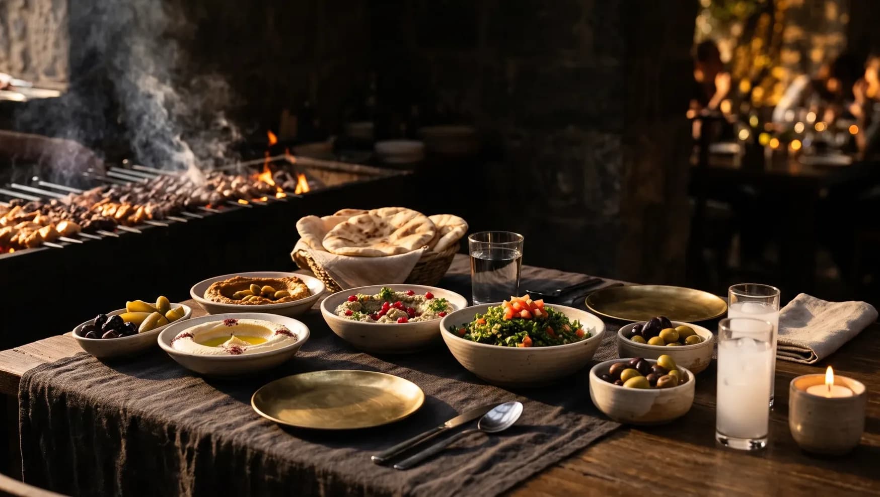 A mezze table at golden hour, a charcoal grill glowing behind